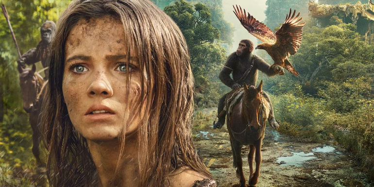 Freya Allan's character poster in Kingdom of the Planet of the Apes next to the official poster