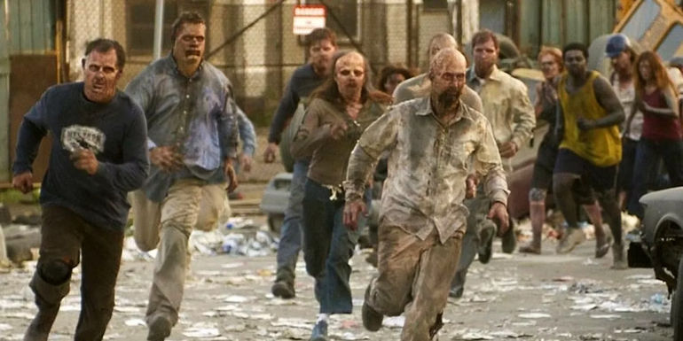 Zombies running through the desolate streets of Milwaukee in Dawn of the Dead (2004). 