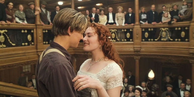 Leonardo DiCaprio as Jack and Kate Winslet as Rose About to Kiss at the End of Titanic