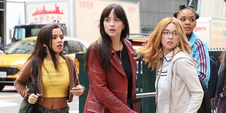 A group shot of Isabela Merced, Dakota Johnson, Sydney Sweeny, and Celeste O'Connor in Madame Web