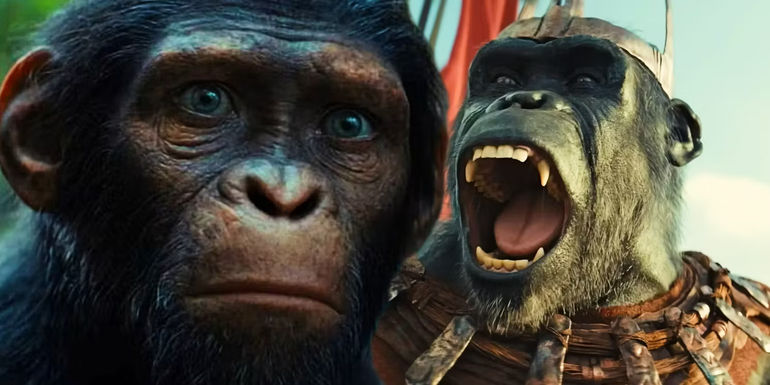 Noa looking worried and Proximus Caesar yelling while addressing his subjects in Kingdom of the Planet of the Apes.