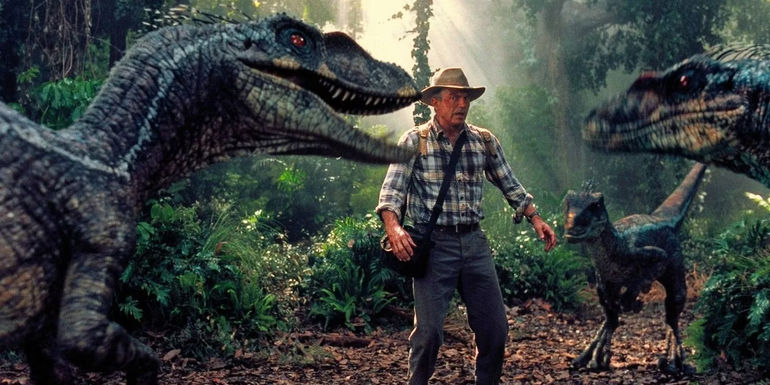 Dr. Alan Grant surrounded by the Raptor Pack in Jurassic Park III