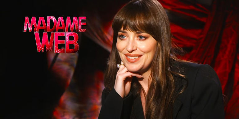 Edited image of Dakota Johnson during Madame Web interview