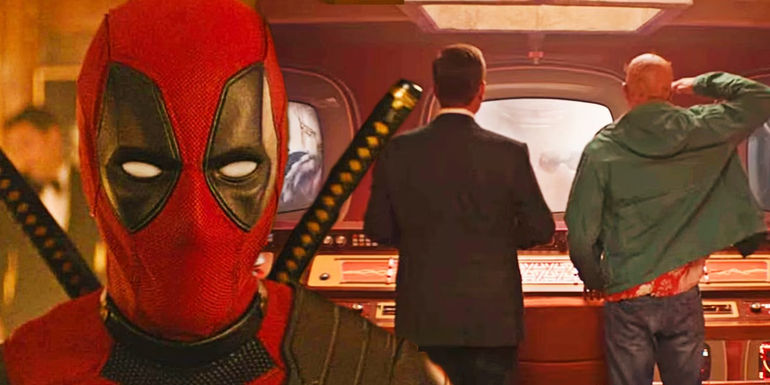 Deadpool in front of Matthew Macfadyen and Ryan Reynolds from the Deadpool & Wolverine trailer