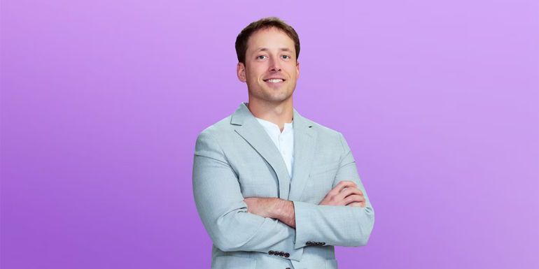 Jeramey Love Is Blind Season 6 in grey suit jacket for promo pic