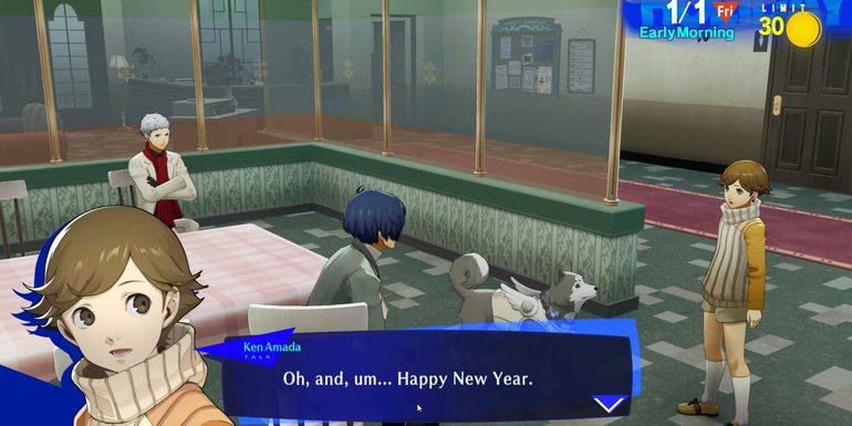 Image of Amada, the main character, and Sanada in the new year in Persona 3 Reload