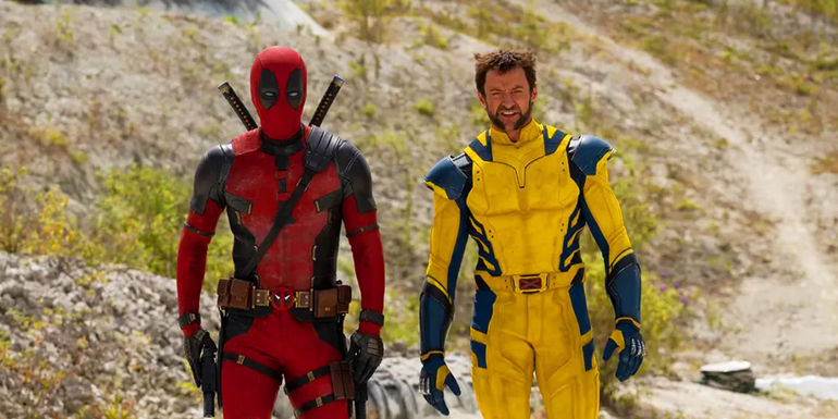Ryan Reynolds and Hugh Jackman in comic-accurate costumes in Deadpool and Wolverine