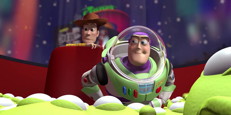 Toy Story Woody and Buzz trapped with Aliens at Pizza Planet