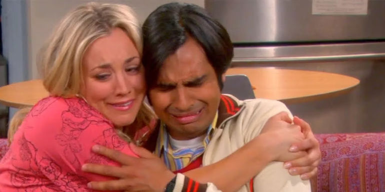 Penny hugging crying Raj in The Big Bang Theory 