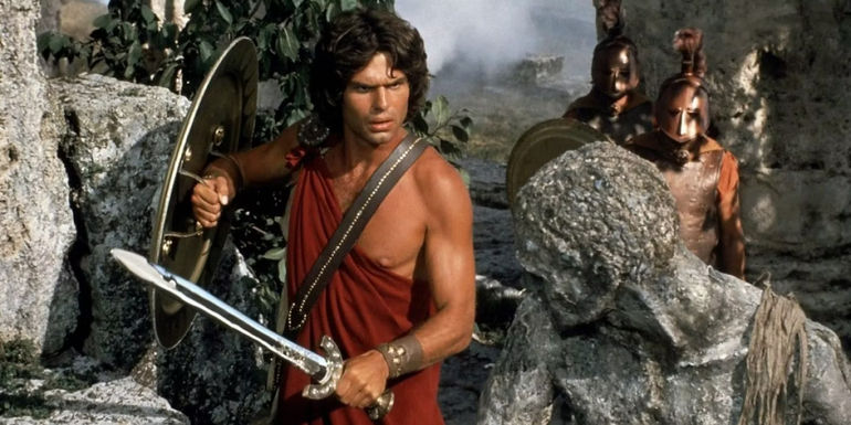 Perseus wields a sword and shield against medusa in Clash of the Titans. 