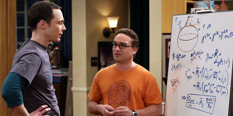 Sheldon and Leonard at the whiteboard in The Big Bang Theory