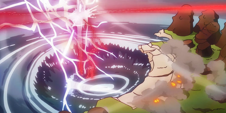 Screenshot from ONe Piece anime 1093 shows the effects of Blackbeard's Tremor fruit creating a huge crater on an island with water parting, lightning, and red aura exploding forth.