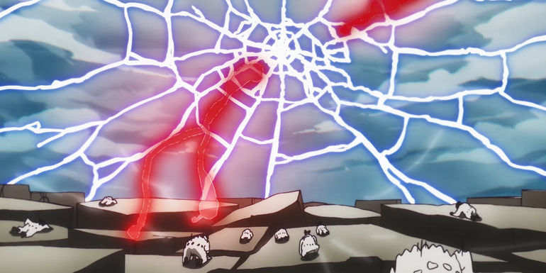 Screenshot from One Piece anime 1093 shows Blackbeard's Tremor Fruit attack crumbling the ground the Heart's Pirates are standing on while the sky shows cracks forming from Blackbeard.