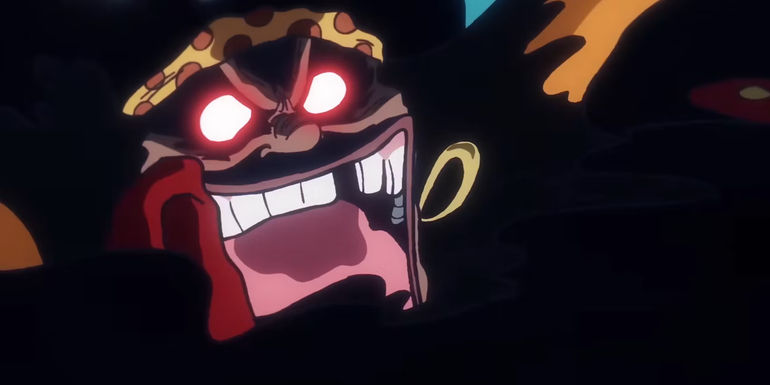Screenshot from One Piece anime episode 1093 shows a smiling Blackbeard with glowing red eyes before launching an attack.