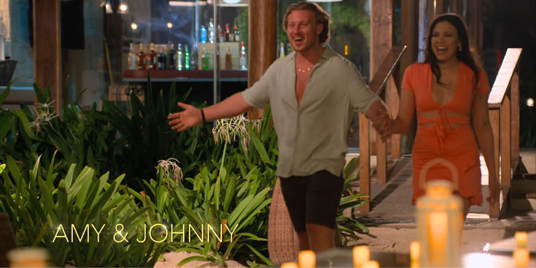 Love Is Blind Amy & Johnny holding hands walking to meet other couples
