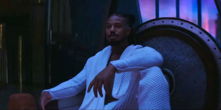 Michael B. Jordan as Erik Killmonger in a scene from Black Panther: Wakanda Forever.
