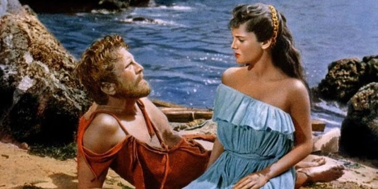 Odysseus laying down and Nausicaa sitting next to him.