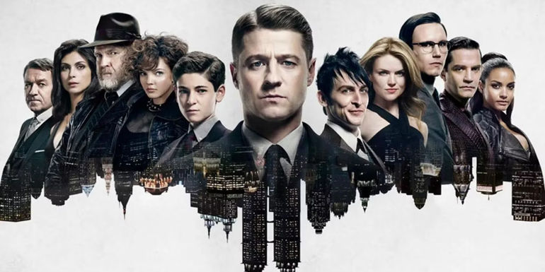 Several characters of Gotham featured in a bat logo