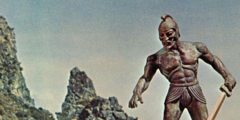 Talos fights spots men on the beach in Jason and the Argonauts.