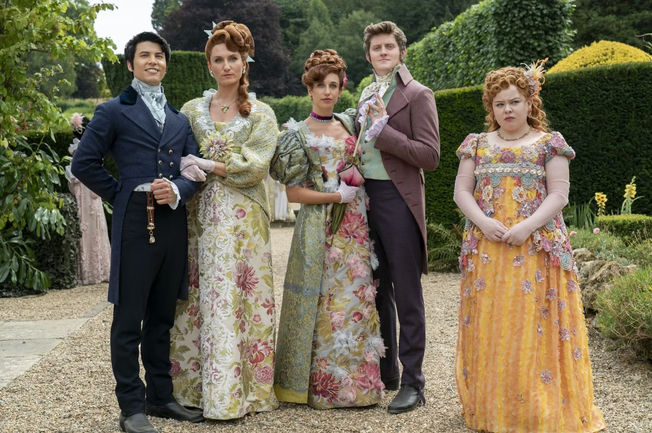 The Featherington Ladies gathered together with their partners in Bridgerton season 3