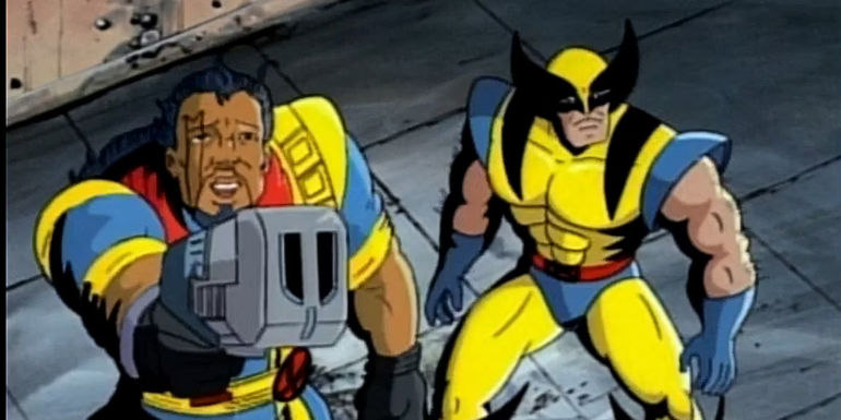 X-Men the animated series time fugitives, Wolverine and Bishop aiming a gun