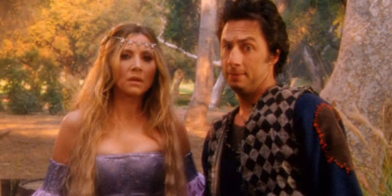 Sarah Chalke as Elliot dressed as a princess and Zach Braff as JD in medieval attire in Scrubs