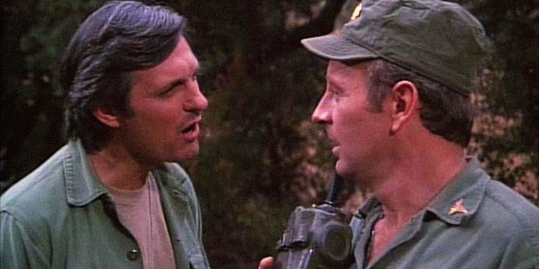 Alan Alda's Hawkeye and Larry Linville's Burns in MASH season 4
