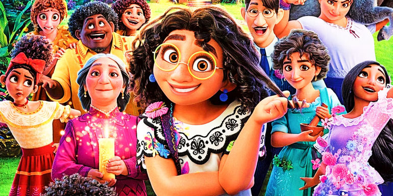 A collage of the Encanto family with Mirabel smiling in the center