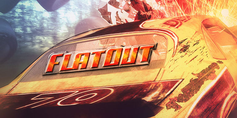 Flatout GOG store promo artwork with game logo on back car windshield edit