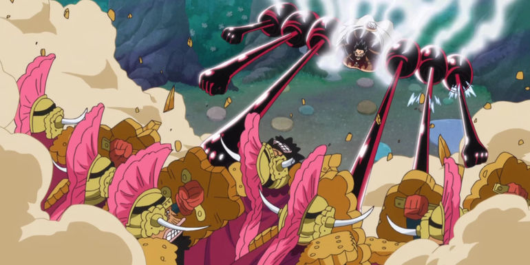 Screenshot from One Piece anime shows Gear 4 Luffy using King Kong Organ against a battalion of Cracker's biscuit solders who are using their shields to block the blows.