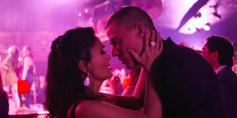 Magic Mike's Last Dance Channing Tatum and Salma Hayek almost kissing