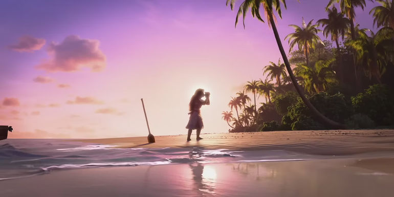 Moana using a seashell as a trumpet in the Moana 2 