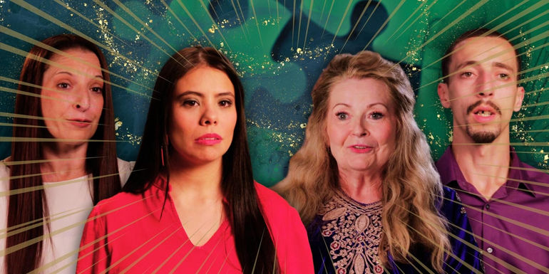 90 Day Fiance cast Jeymi Nogeuera, Debbie, Oussama, and Kris Foster with puzzle piece bakground