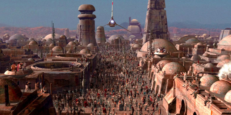 A busy, crowded Tatooine in The Phantom Menace