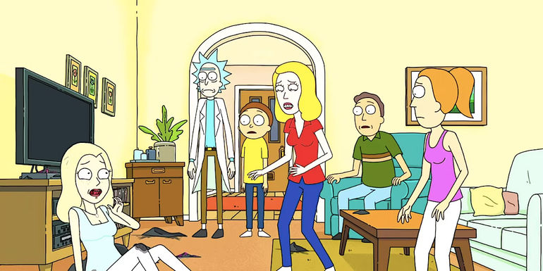 Rick, Morty, Beth, Jerry and Summer all stare in shock at Diane sitting on the floor in Rick and Morty season 7 finale