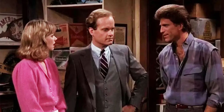 Sam, Diane, and Frasier talking in Sam's office in Cheers