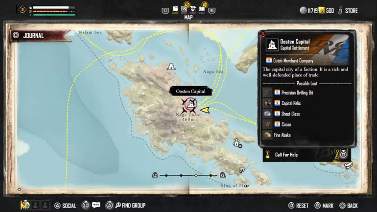 The location of Oosten Capital on a map in Skull and Bones