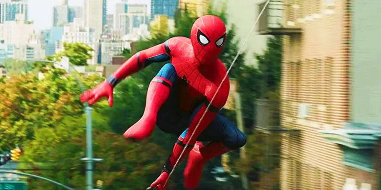 Spider-Man swinging through New York in the MCU