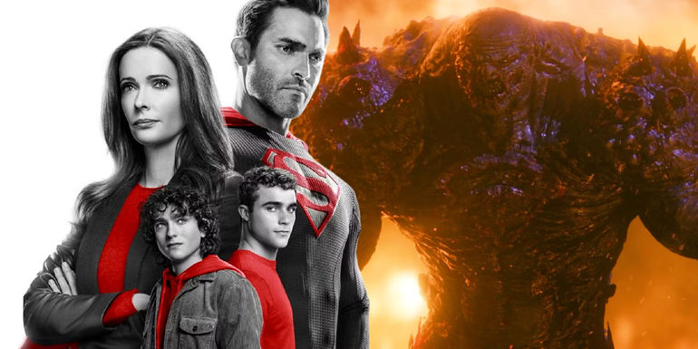 The Kent family in the Superman and Lois poster next to Doomsday from the show's third season