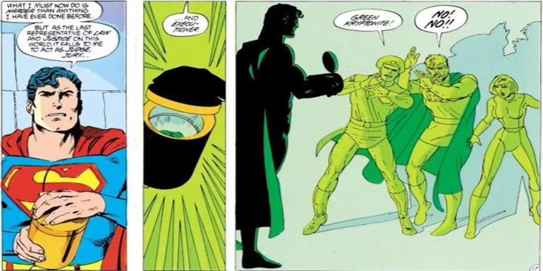 Superman reluctantly executes General Zod, Quex-Ul, and Zaora with a pocket universe's Green Kryptonite in Superman 22 by John Byrne.