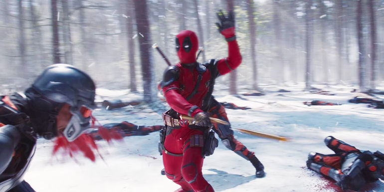 Deadpool fighting the TVA in a snowy forest in Deadpool and Wolverine