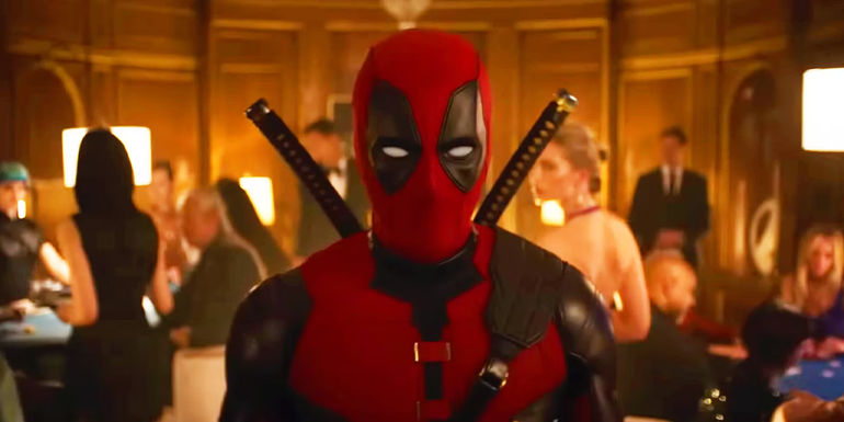 Deadpool in a crowd of people in Deadpool and Wolverine