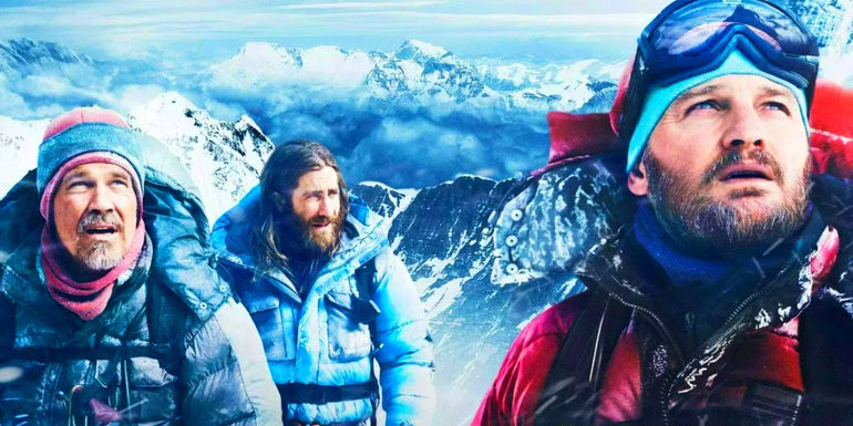 Josh Brolin as Beck Weathers, Jake Gyllenhaal as Scott Fischer, and Jason Clarke as Rob Hall looking up at Everest