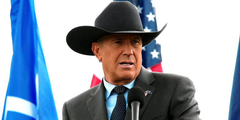 Kevin Costner speaking into a microphone in Yellowstone season 5