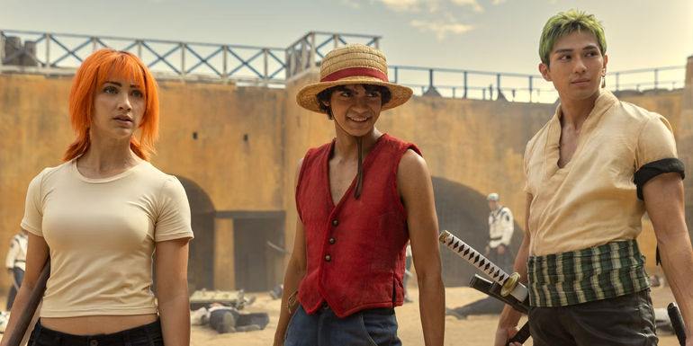 Emily Rudd, Inaki Godoy, and Mackenyu as Nami, Luffy D. Monkey, and Zoro in Netflix's live-action One Piece