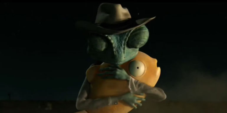Rango closing his eyes and holding his goldfish Mr. Timms tightly in Rango.