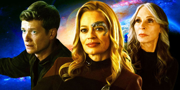 A collage of several Star Trek characters in Picard, with Seven of Nine (Jeri Ryan) in the center