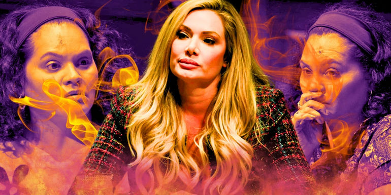 Montage of The Traitors US’ Janelle Pierzina and Sandra Diaz-Twine with fire