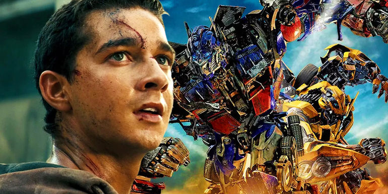 The poster for Transformers: Revenge of the Fallen next to Shia LaBeouf as Sam Whitwicky