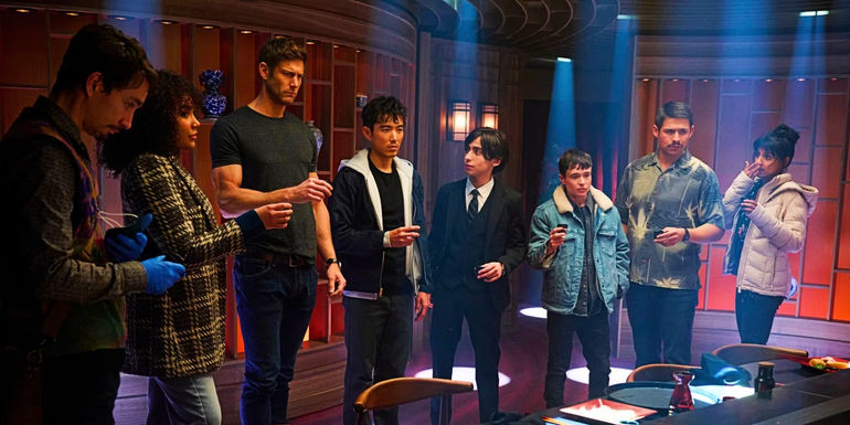 the Hargreeves siblings standing in a line, each holding one hand up as if holding a cup, in The Umbrella Academy season 4